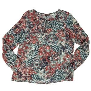 Crosby Women’s Sz XL Blouse Multicolor Geometric‎ Pattern Sheer Top Blue Red